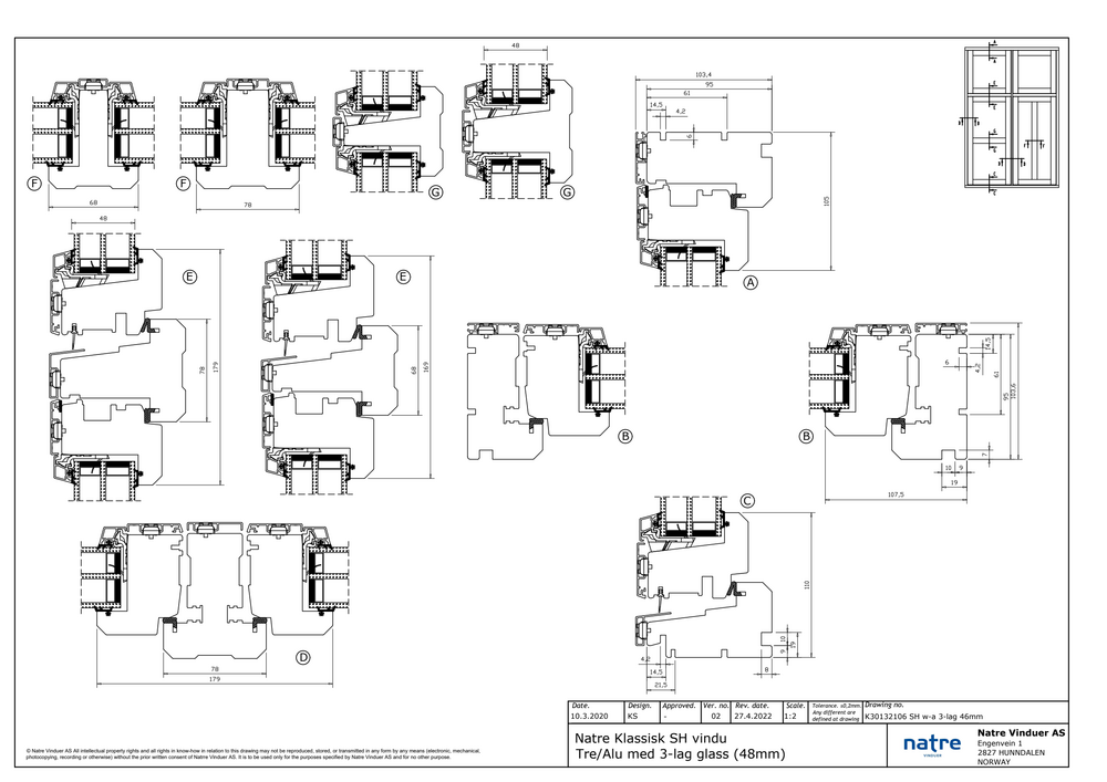 Sidehengslet Natre Klassisk 3-l tre/alu 46mm
